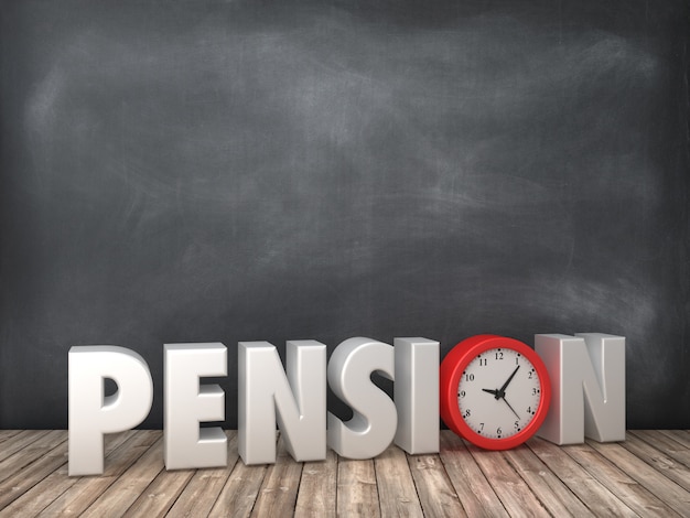 Rendering Illustration of PENSION Word with Clock on Chalkboard