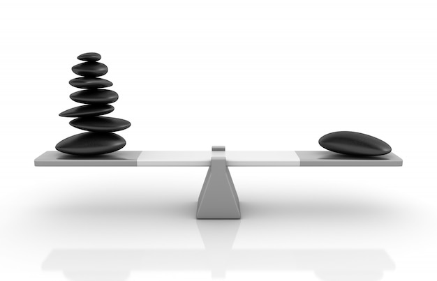 Photo rendering illustration of stones balancing on a seesaw