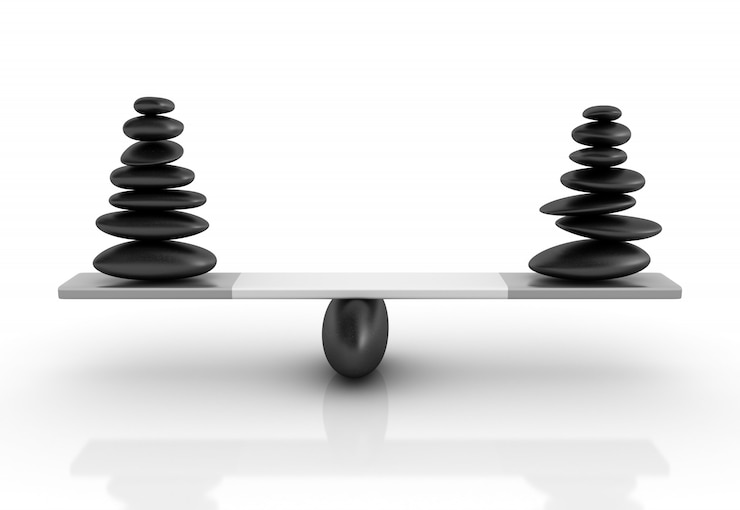 Photo rendering illustration of stones balancing on a seesaw