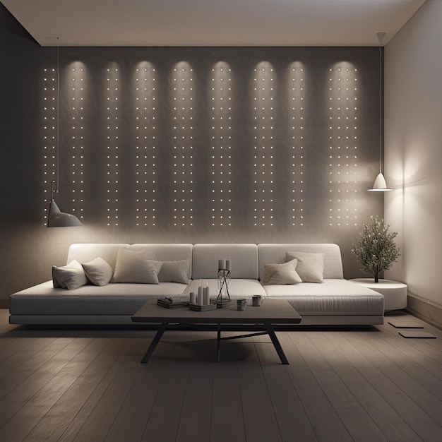 Rendering of the interior of a living room with a very large sofa and lighting behind the sofa