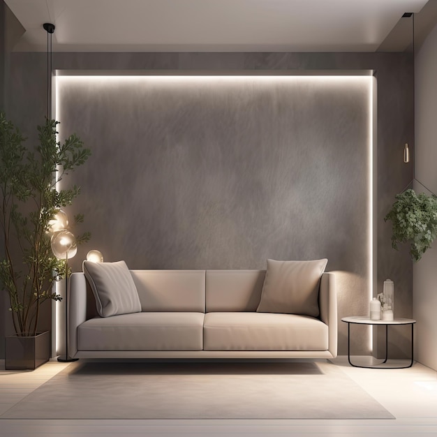 Rendering of the interior of a living room with a very large sofa and lighting behind the sofa