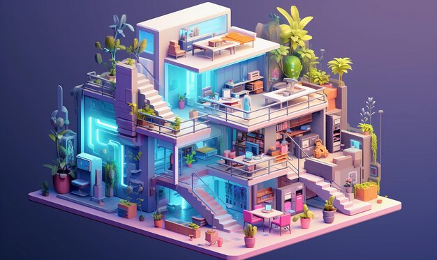 Rendering an isometric illustration of an AI drawing with lots of detail pixelated fresh colors 3