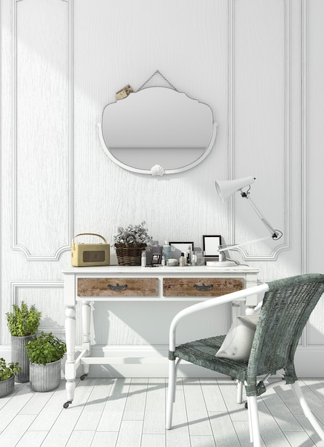 Rendering klassieke witte kamer met make-up tafel