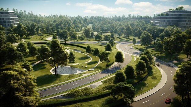 a rendering of a landscape with trees and a highway.