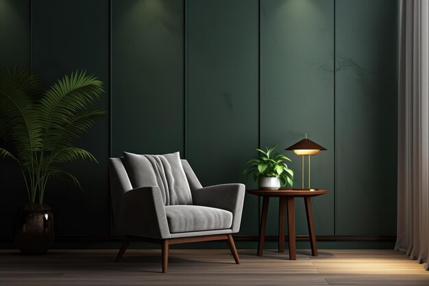 A rendering of a living room featuring a gray armchair against a dark green wall background