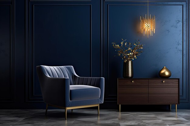 A rendering of a living room interior showcases a commode with a chair and decorative elements The background is a mockup of a dark blue wall