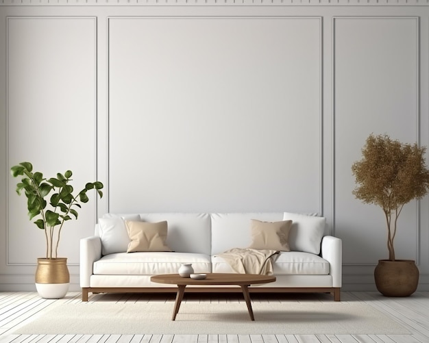 A rendering of a living room with a white couch and a plant generative ai