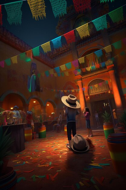 A rendering of a mexican restaurant with a man wearing a hat and a large hat