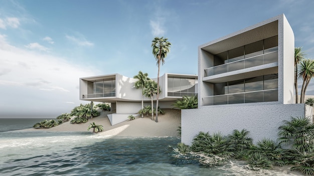 Una casa minimale di rendering delle ville con vista sull'oceano