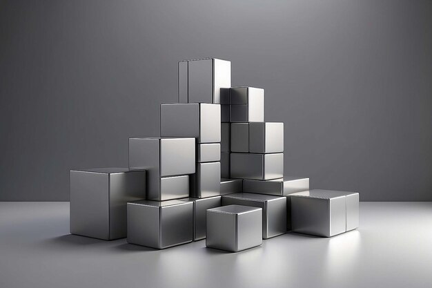 rendering of minimalistic podium with metallic cubes on gray backgound with soft light