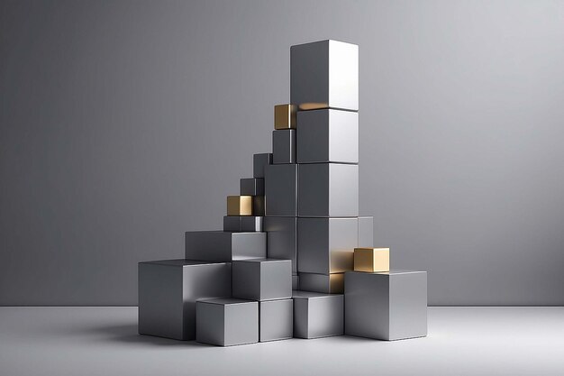 rendering of minimalistic podium with metallic cubes on gray backgound with soft light