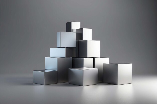 rendering of minimalistic podium with metallic cubes on gray backgound with soft light