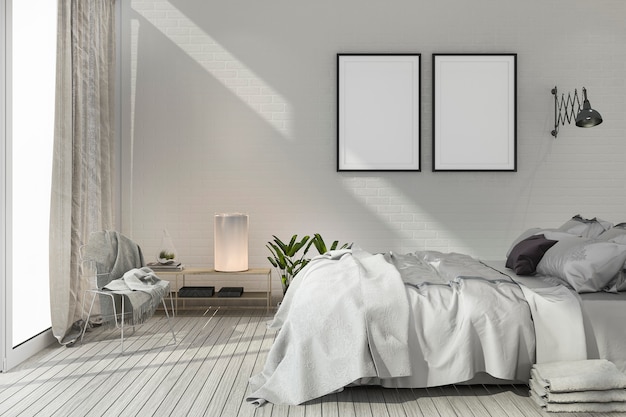 rendering mock up scandinavian bedroom with white tone wood