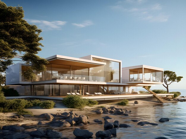 rendering of a modern house on a beach with rocks and water Generative AI