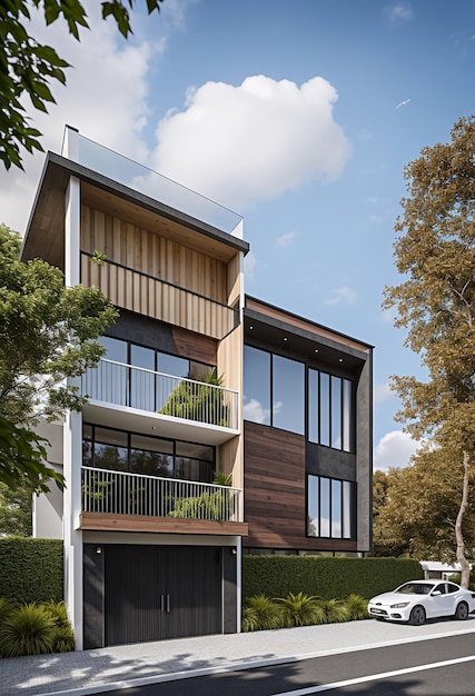 rendering of a modern house with a balcony and balconies