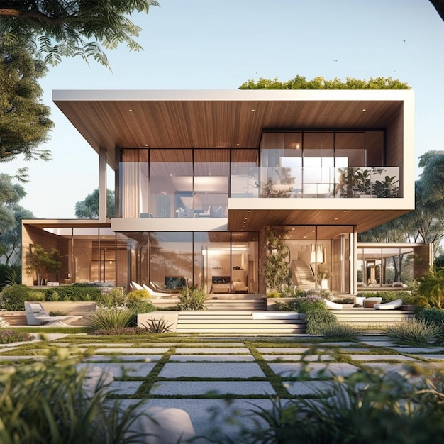넓은 정원과 수영장 생성 AI가 있는 현대 주택의 렌더링