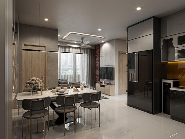 A rendering of a modern kitchen with a table and chairs in front of a window.
