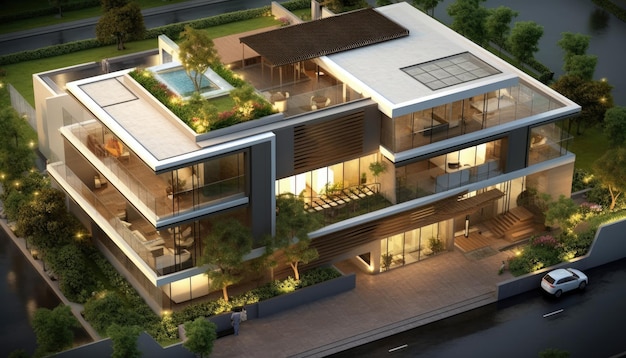 A rendering of a modern villa with a roof garden and a pool.