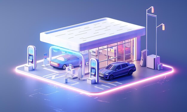 Rendering of a new energy car sales stand in the middle of the frame pixelated fresh colors 3d