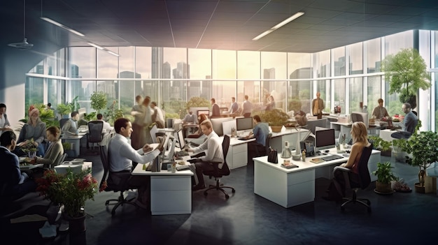 A rendering of a office space with people working on computers.