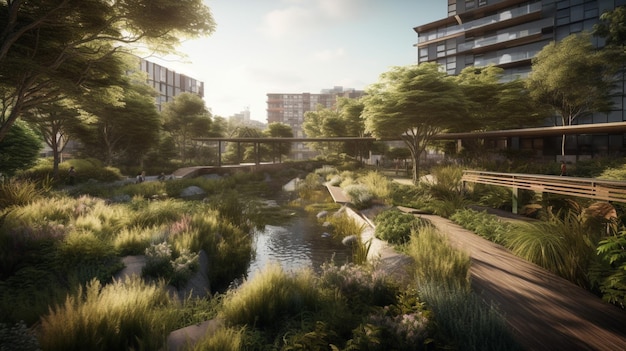 A rendering of a park with a river running through it.