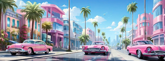 a rendering of a pink car with palm trees in the background.