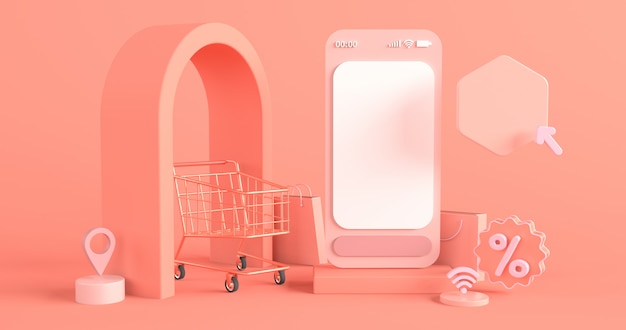 Rendering of smartphone and shopping cart for online shopping