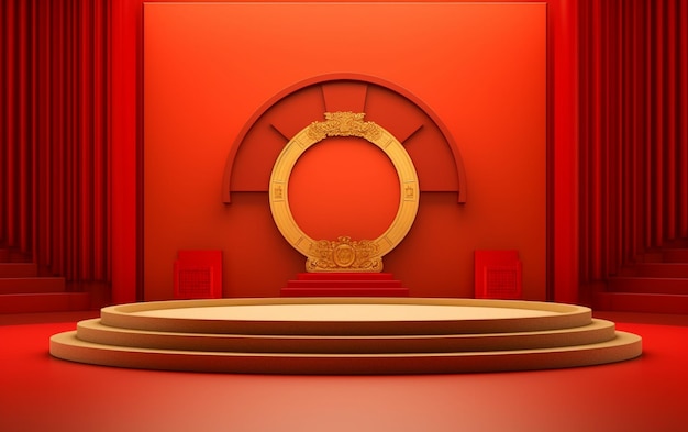 A rendering of a stage with a red curtain and a gold ring generative ai