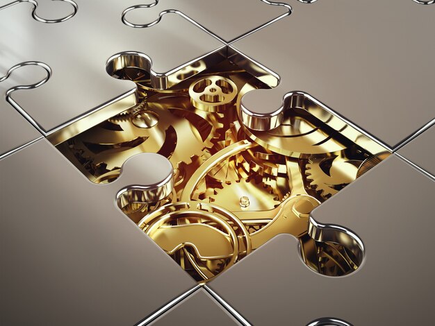 Rendering of System of golden gear covered by a puzzle. concept of cooperation between systems