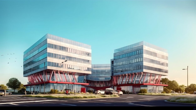 rendering of two modern office buildings with red and white accents generative ai