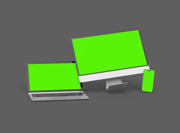 Foto rendering van desktop laptop en smartphone met groen scherm op een donkere achtergrond