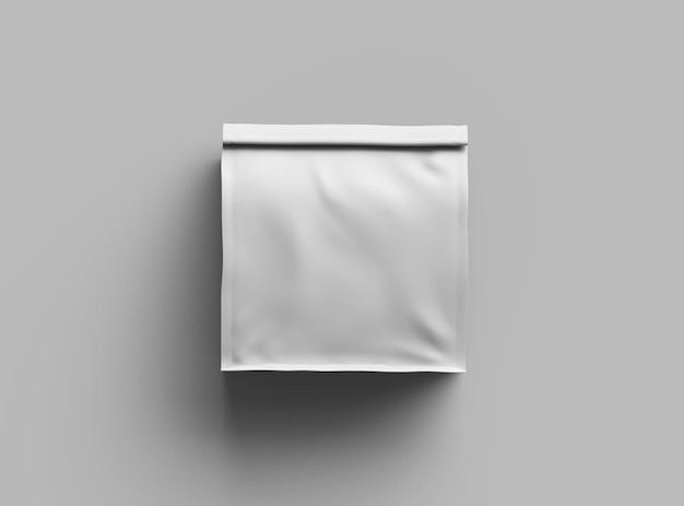 Rendering van een glanzende vierkante papieren zak met gevouwen bovenkant op een lichte achtergrond