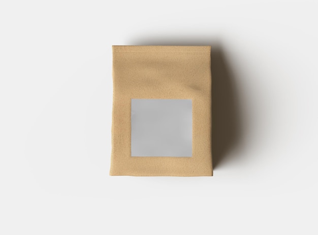 Rendering van een papieren pakket met een vierkant venstergat op een lichte achtergrond