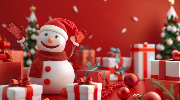 Rendering van kerstvakantie behang met sneeuwman mascotte zwaaien met zijn handen en verpakt geschenken rode achtergrond met rode kleurenschema