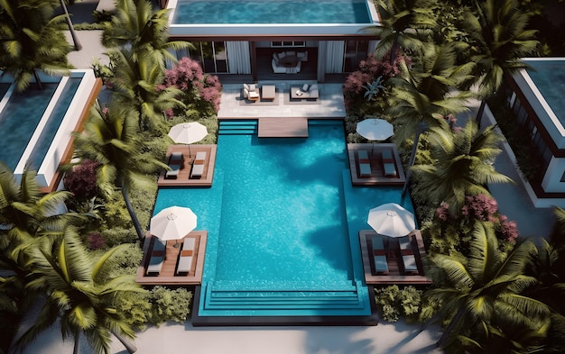 A rendering of a villa with a pool and palm trees.