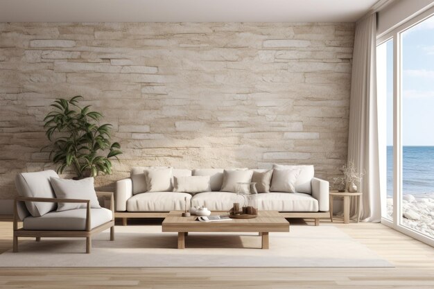 A rendering of a wall mockup in a coastal style living room interior background