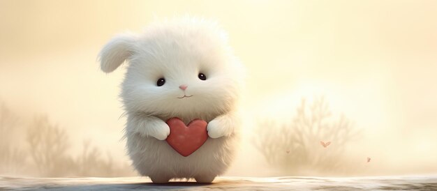 Photo rendering white bunny with long ears holds a red heart on a blur background