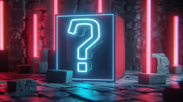 Rendering with red blue neon question mark and digital symbol inside a square frame that glows in infrared