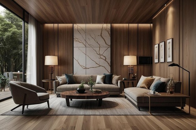 Rendering wood luxury and modern living room and dini