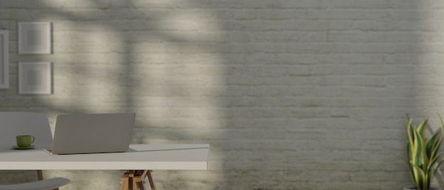 rendering workspace with laptop on the white table and chair with brick wall