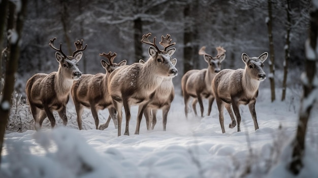 Rendieren in de sneeuw met sneeuw op de grond