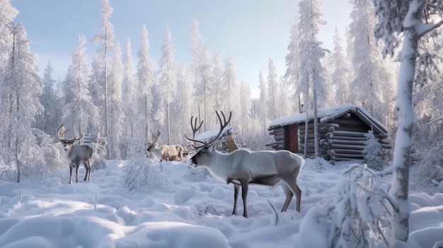 Rendieren in kerstwintertijd Lapland met prachtige besneeuwde natuur erachter en wintercabine