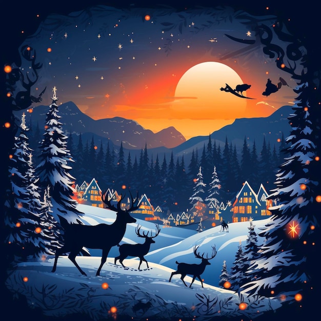 Rendieren trekken de kerstman winter landschap landschap huizen met lichten sneeuw