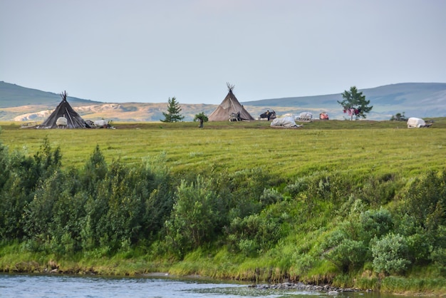 Rendierherders kamperen in het Polar Oeral-natuurpark