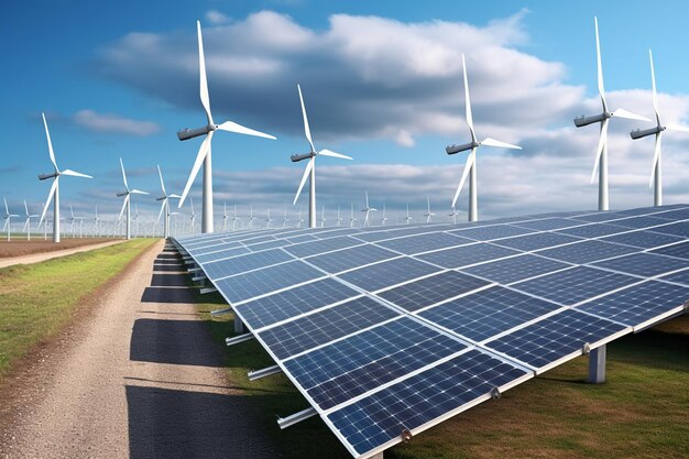 Renewable energy aerial view of a vast field of solar panels and wind turbines generating clean powe