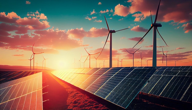 Фон возобновляемой энергии с зеленой энергией, такой как ветряные турбины и солнечные панели Генеративный ИИ