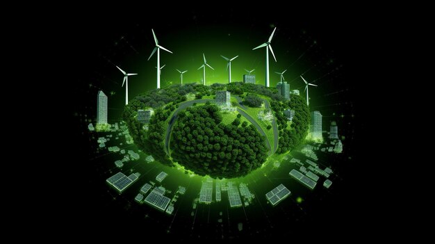 Photo renewable energy background with green energy as wind turbines and solar panels generative ai