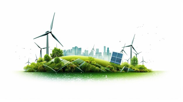 Photo renewable energy background with green energy as wind turbines and solar panels generative ai