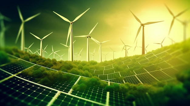 Renewable energy background with green energy as wind turbines and solar panels Generative AI