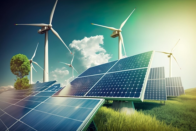 Photo renewable energy background with green energy as wind turbines and solar panels green energy concept energy sources sustainable ecology elements generative ai